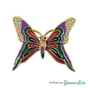 Vintage Multicolored Enamel Butterfly Gold Tone Brooch